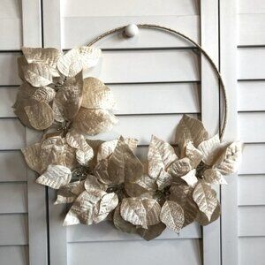 Champagne Gold Sparkle Poinsettia Flower Leaf Floral Decor Holiday Hoop Wreath
